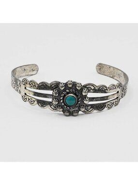 Fred Harvey Style Southwestern Turquoise Cabochon Cuff Bracelet Sterling Silver
